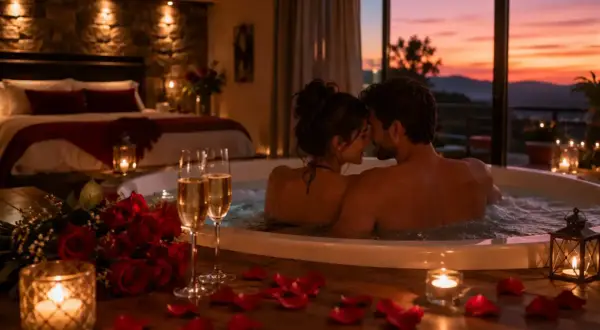 Un couple profite d'un jacuzzi romantique avec des roses et du champagne, un parfait weekend au soleil.