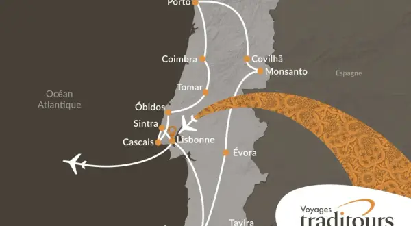 Carte d'un itinéraire de voyage au Portugal, montrant les villes et les routes.