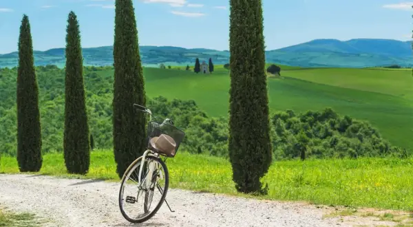 Vélo prêt pour une exploration de la Toscane à vélo, avec des cyprès élancés et des collines verdoyantes en arrière-plan.