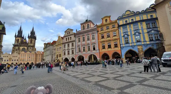 Une souris en peluche explore la place de la Vieille Ville de Prague, avec la tour de l'église Notre-Dame devant le Týn en arrière-plan.