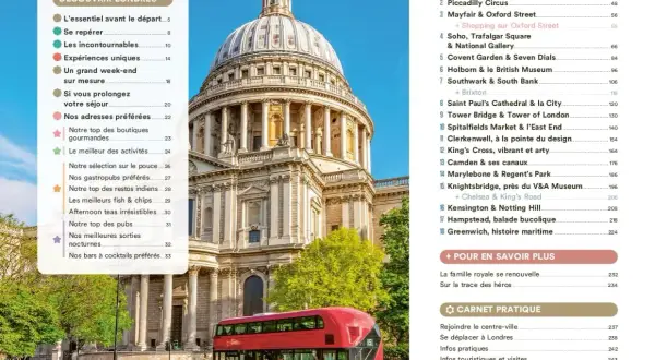 Un week-end à Londres : la cathédrale Saint-Paul majestueuse et un bus rouge emblématique. Idéal pour découvrir la ville !