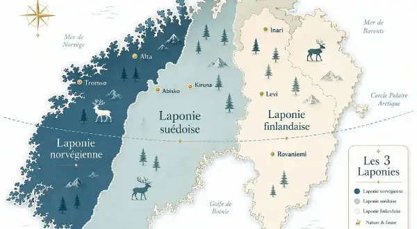 Carte des 3 Laponies : Norvège, Suède, Finlande. Idéal pour savoir où aller en Laponie, avec rennes et forêts.