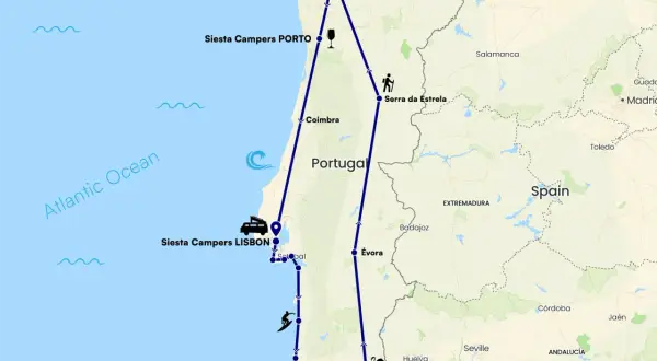 Carte d'un road trip Portugal 2 semaines : Porto, Lisbonne, Faro, Sagres, Serra da Estrela. Itinéraire en camping-car.