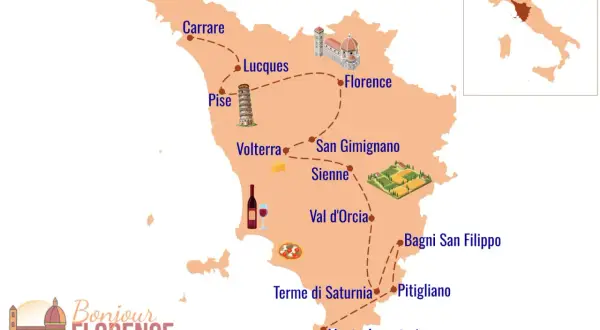 Carte de la Toscane avec des icônes : Pise, Florence, Sienne. Idéal pour planifier que faire à Sienne et explorer la région.