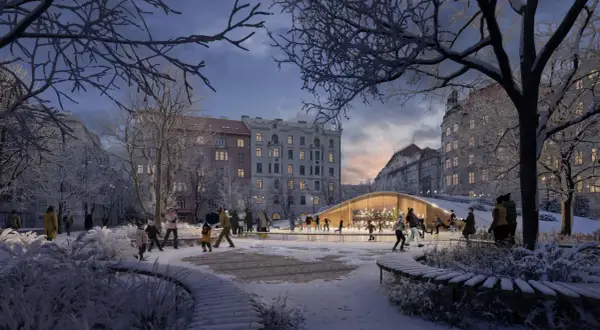 Une patinoire animée à Prague, sous un ciel crépusculaire, avec des familles profitant de la glace.