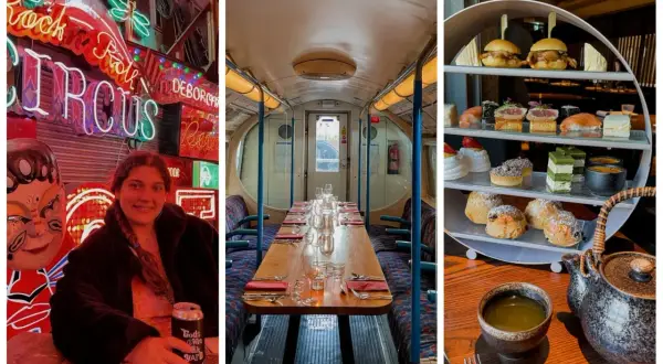 Une jeune femme devant des néons à Londres. Une table dressée dans un wagon de métro vintage. Un plateau de thé avec des pâtisseries et des sushis. Idées pour où manger à Londres.