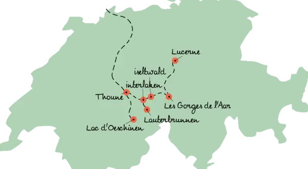 Carte de la Suisse montrant un itinéraire pour 10 jours en Suisse en camping-car, passant par Lucerne, Interlaken, Iseltwald, Thoune, Lac d'Oeschinen, Lauterbrunnen et les Gorges de l'Aar.