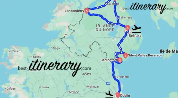 Carte d'un road trip en Irlande, de Dublin à Belfast, passant par Carlingford, Silent Valley Reservoir, Londonderry et Ballintoy.