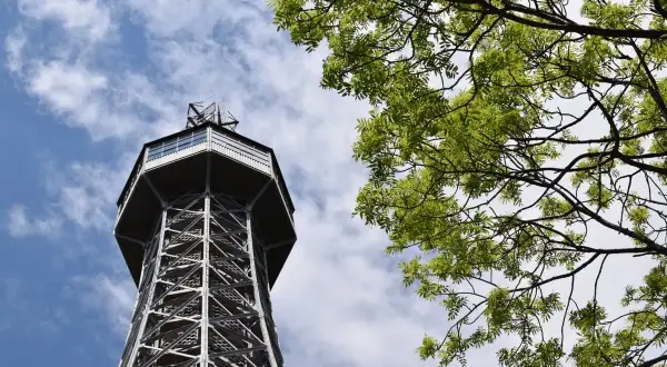 Tour Petrin, une tour d'observation métallique avec une structure en treillis, se dresse sous un ciel bleu parsemé de nuages, avec des branches d'arbre verdoyantes au premier plan.