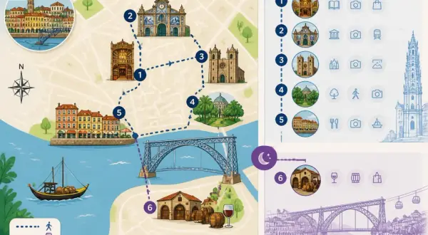 Carte d'un itinéraire pour un week-end à Porto, avec des monuments, un pont, des barils de vin et une rabelo sur le Douro.