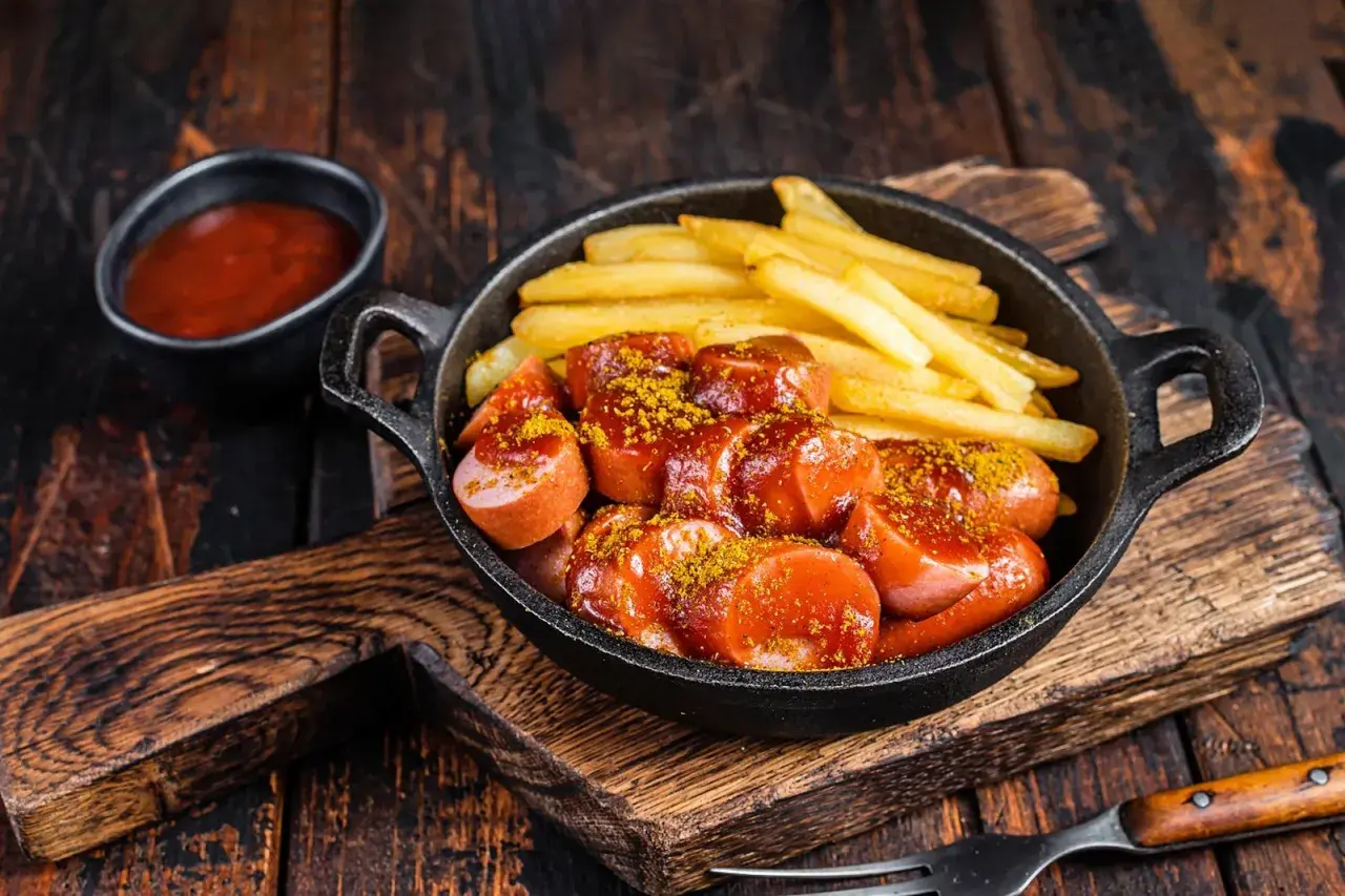 Currywurst et frites, un classique pour savoir où manger à Berlin. Servi dans une poêle en fonte avec une sauce tomate épicée et du curry en poudre.