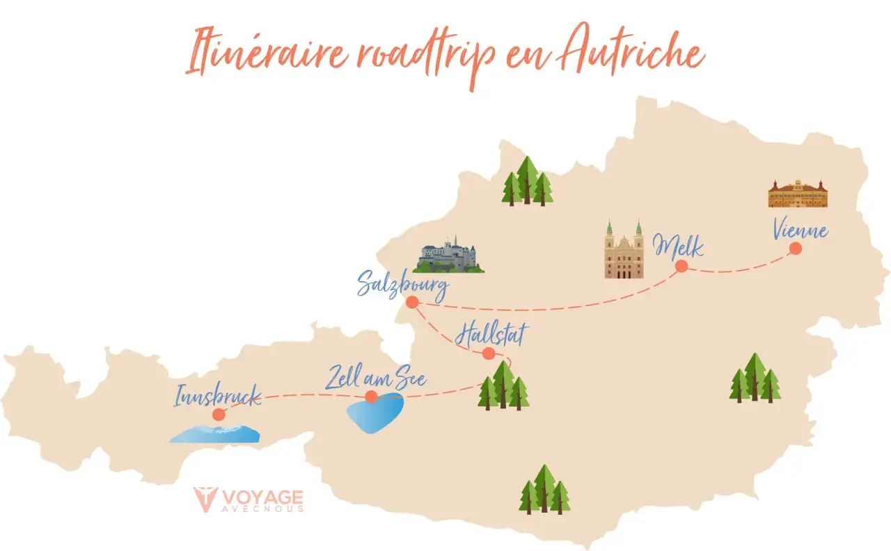 Carte d'un itinéraire road trip en Autriche, montrant Innsbruck, Zell am See, Salzbourg, Hallstatt, Melk et Vienne.