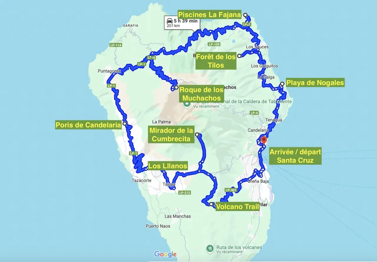 Carte de la route des volcans sur La Palma, incluant Piscines La Fajana, Forêt de los Tilos, Roque de los Muchachos et le Volcano Trail.