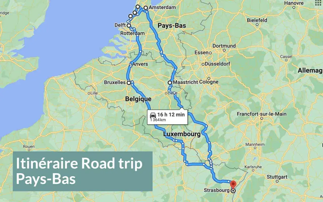 Carte d'un circuit en voiture à travers les Pays-Bas, la Belgique, le Luxembourg et l'Allemagne, avec un itinéraire de 1364 km.