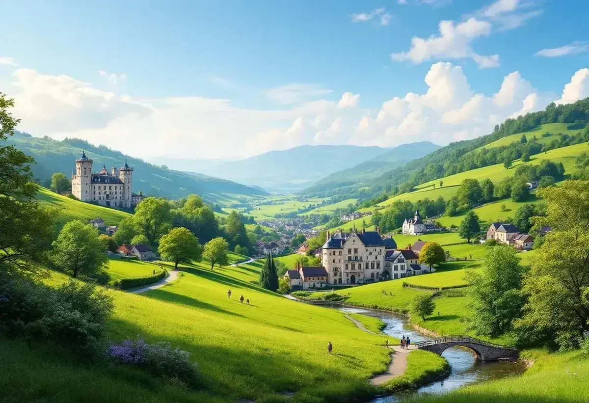 Un château majestueux domine la **vallée de Chevreuse**, bordée de collines verdoyantes et de maisons pittoresques. Un chemin serpente le long d'une rivière.