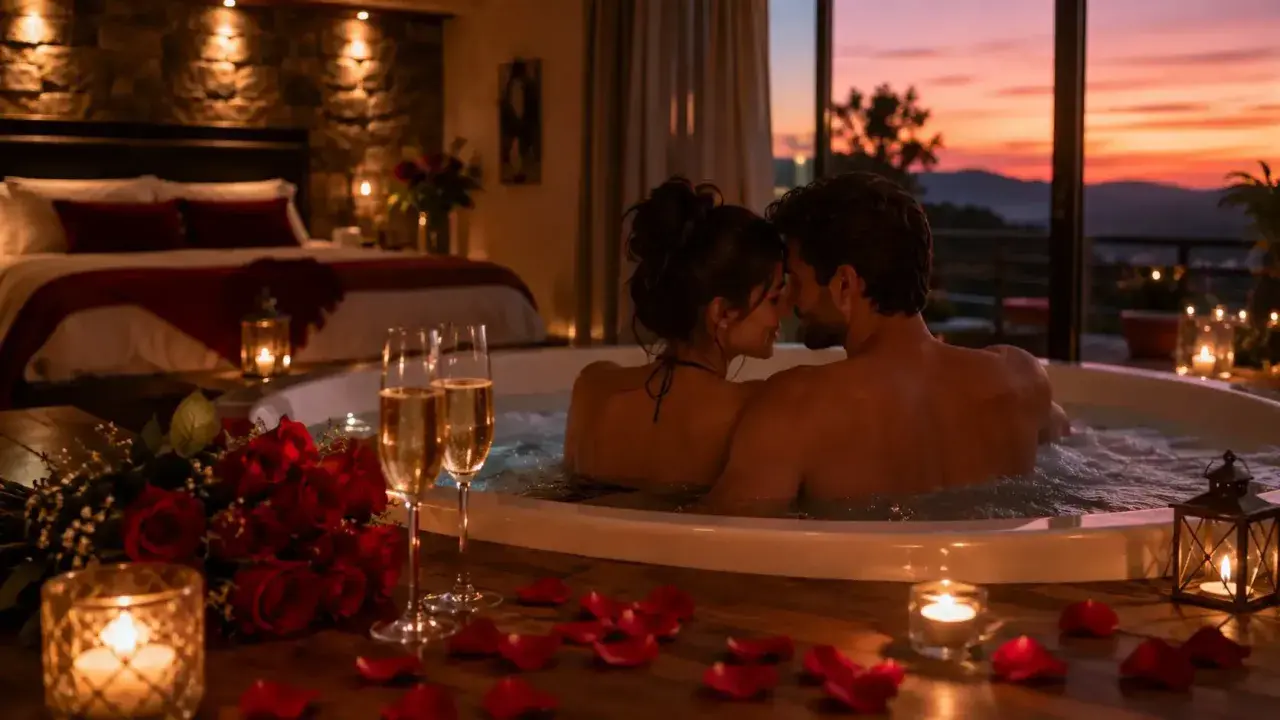 Un couple profite d'un jacuzzi romantique avec des roses et du champagne, un parfait weekend au soleil.