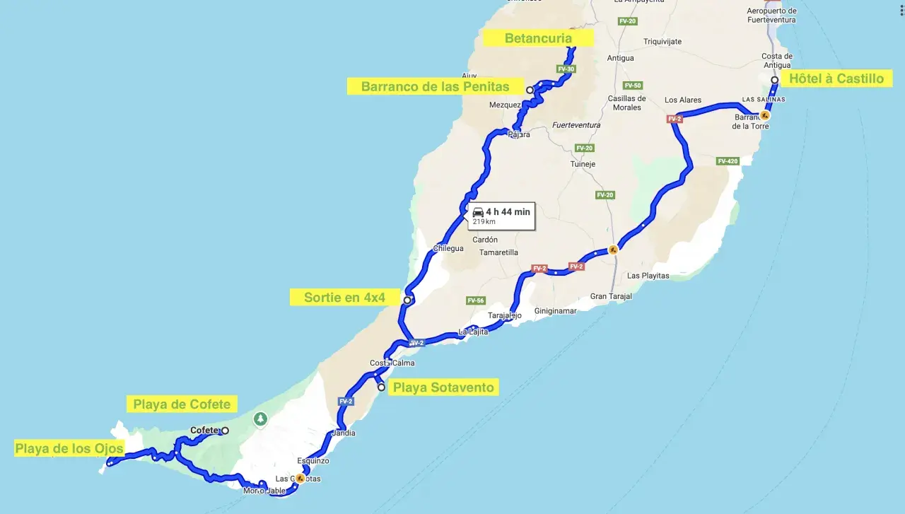 Carte des choses à faire à Fuerteventura : itinéraire de 219 km passant par Betancuria, Playa de Cofete et Playa Sotavento.