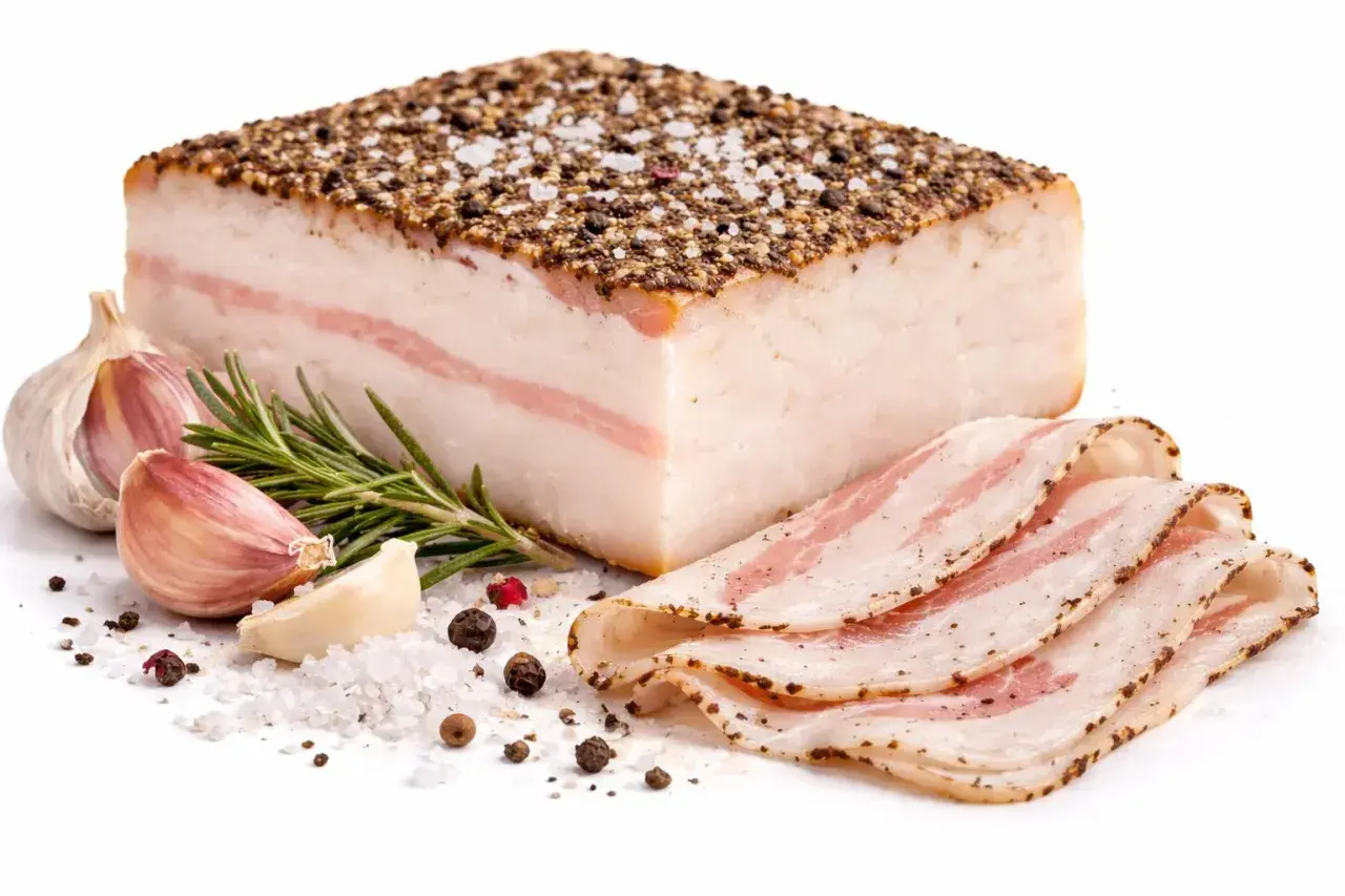 Un bloc de lard de colonnata assaisonné, avec des tranches fines, de l'ail et du romarin.