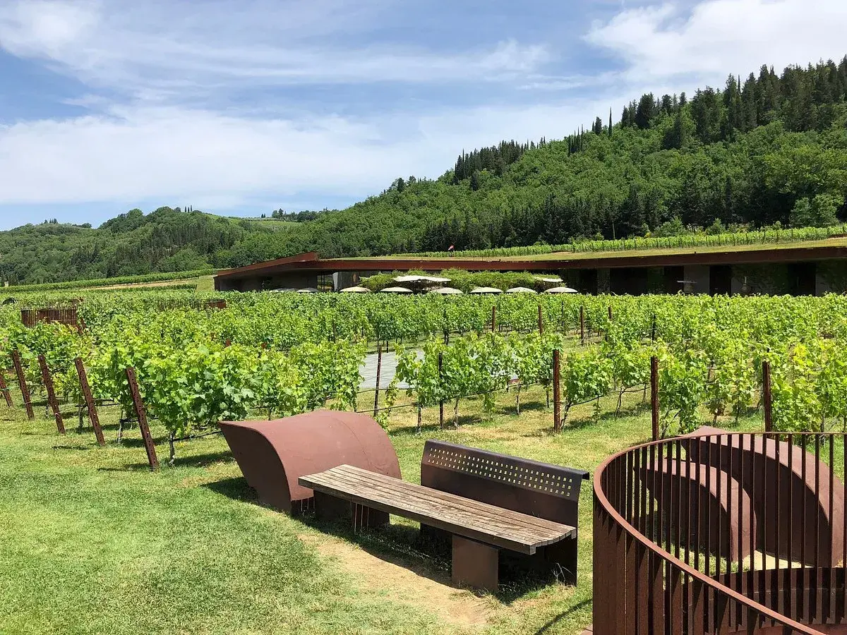 Vignoble verdoyant à San Casciano in Val di Pesa, avec une architecture moderne intégrée à la colline. Bancs invitant à la contemplation.