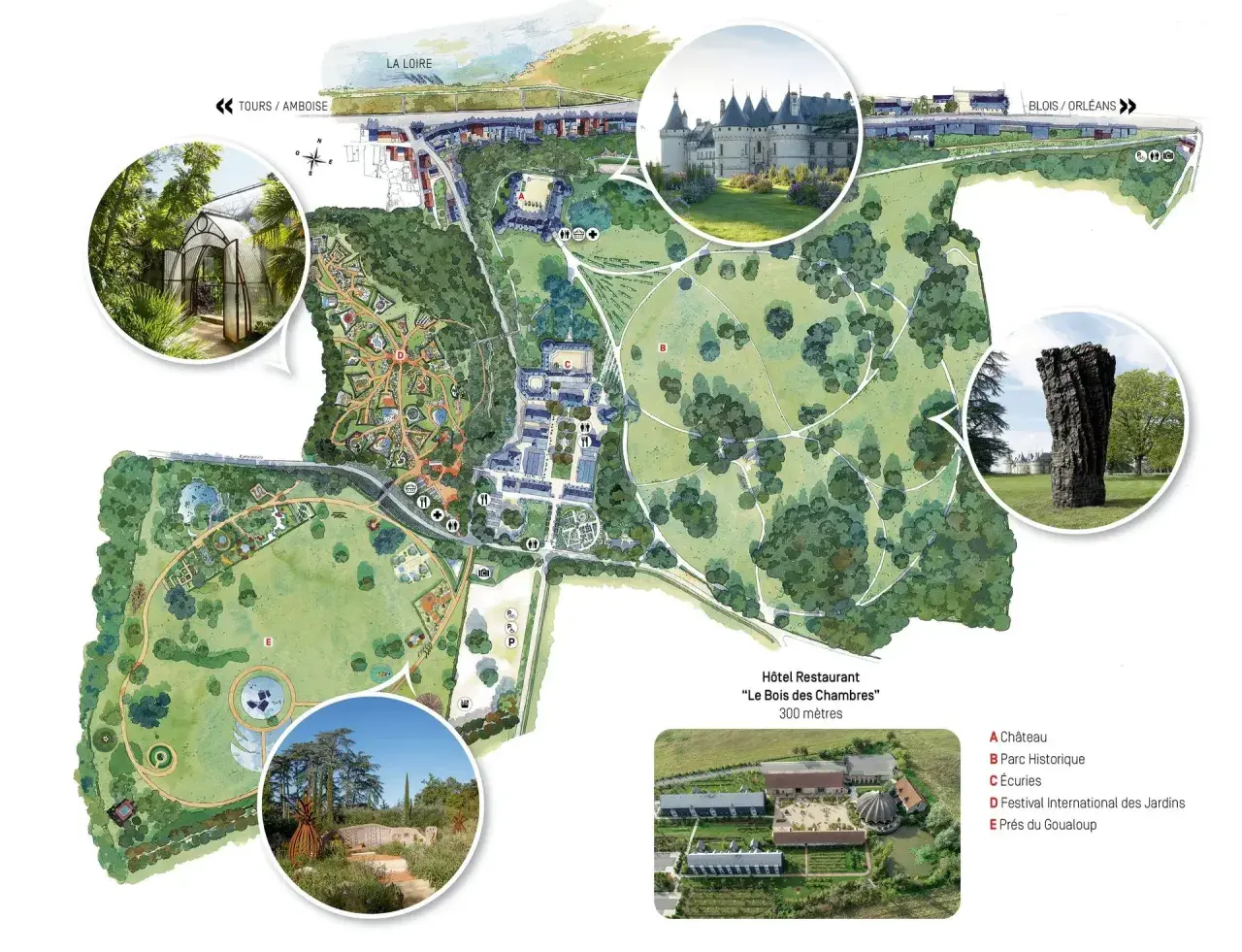 Plan du Domaine de Chaumont-sur-Loire : château, jardins thématiques, serres et parc historique. La Loire est visible en arrière-plan.