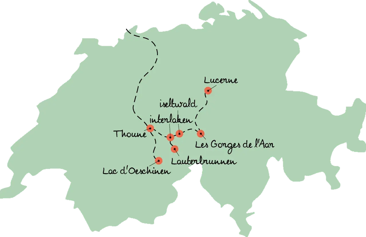 Carte de la Suisse montrant un itinéraire pour 10 jours en Suisse en camping-car, passant par Lucerne, Interlaken, Iseltwald, Thoune, Lac d'Oeschinen, Lauterbrunnen et les Gorges de l'Aar.