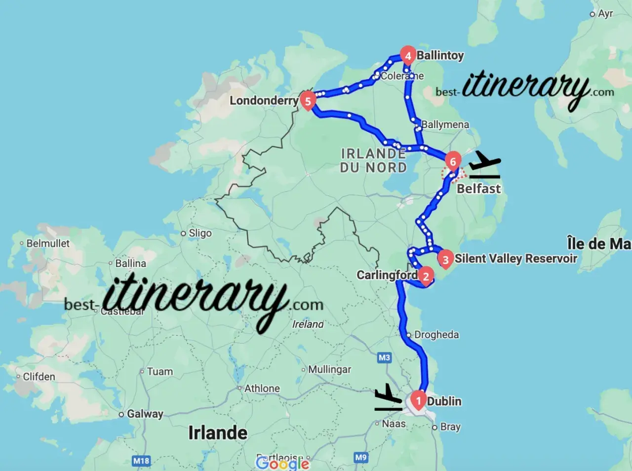 Carte d'un road trip en Irlande, de Dublin à Belfast, passant par Carlingford, Silent Valley Reservoir, Londonderry et Ballintoy.