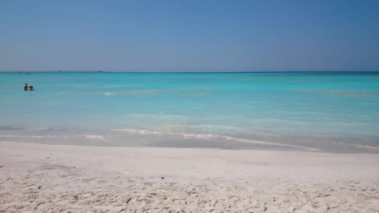 Plage de Rosignano Marittimo, mer turquoise et sable blanc. Deux personnes nagent paisiblement dans l'eau claire.