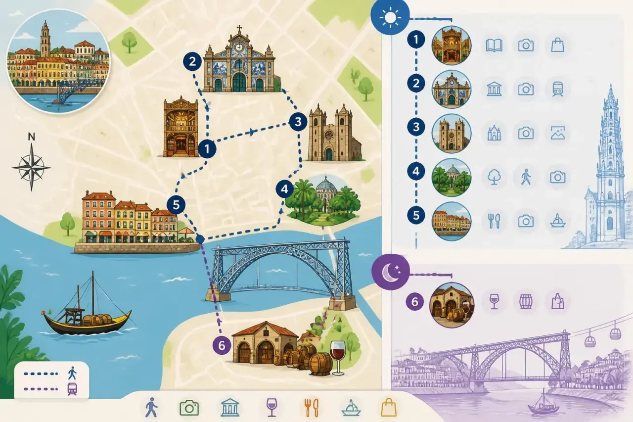 Carte d'un itinéraire pour un week-end à Porto, avec des monuments, un pont, des barils de vin et une rabelo sur le Douro.