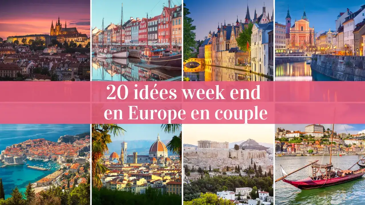 Collage de villes européennes magnifiques, parfait pour un week-end romantique. Prague, Copenhague, Bruges, Ljubljana, Dubrovnik, Florence, Athènes, Porto.