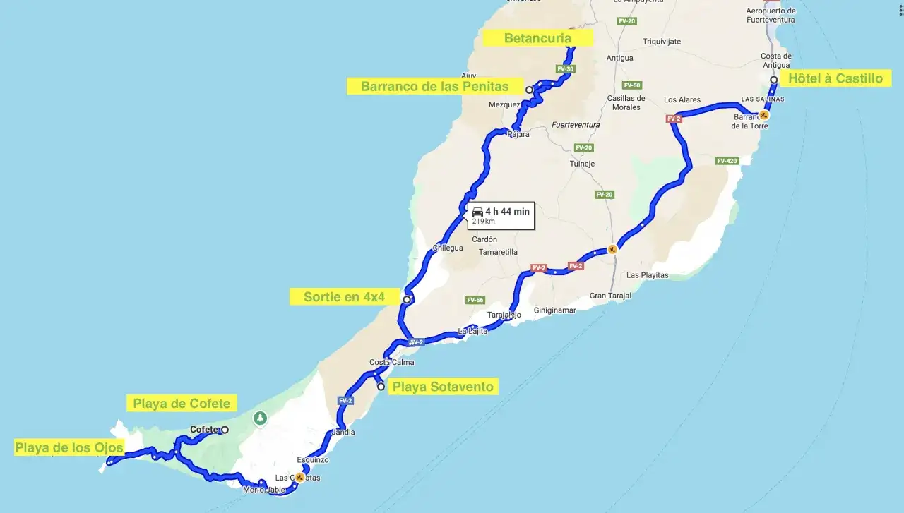 Carte des choses à faire à Fuerteventura : itinéraire de 219 km passant par Betancuria, Playa de Cofete et Playa Sotavento.