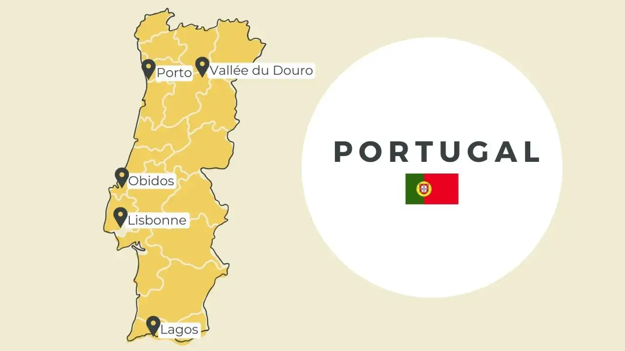 Carte du Portugal avec des points d'intérêt pour un road trip : Porto, Vallée du Douro, Obidos, Lisbonne et Lagos.
