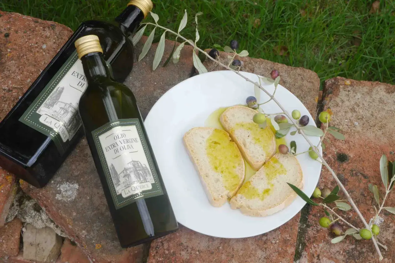 Bouteilles d'huile d'olive vierge extra toscane, avec des toasts arrosés d'huile et une branche d'olivier.