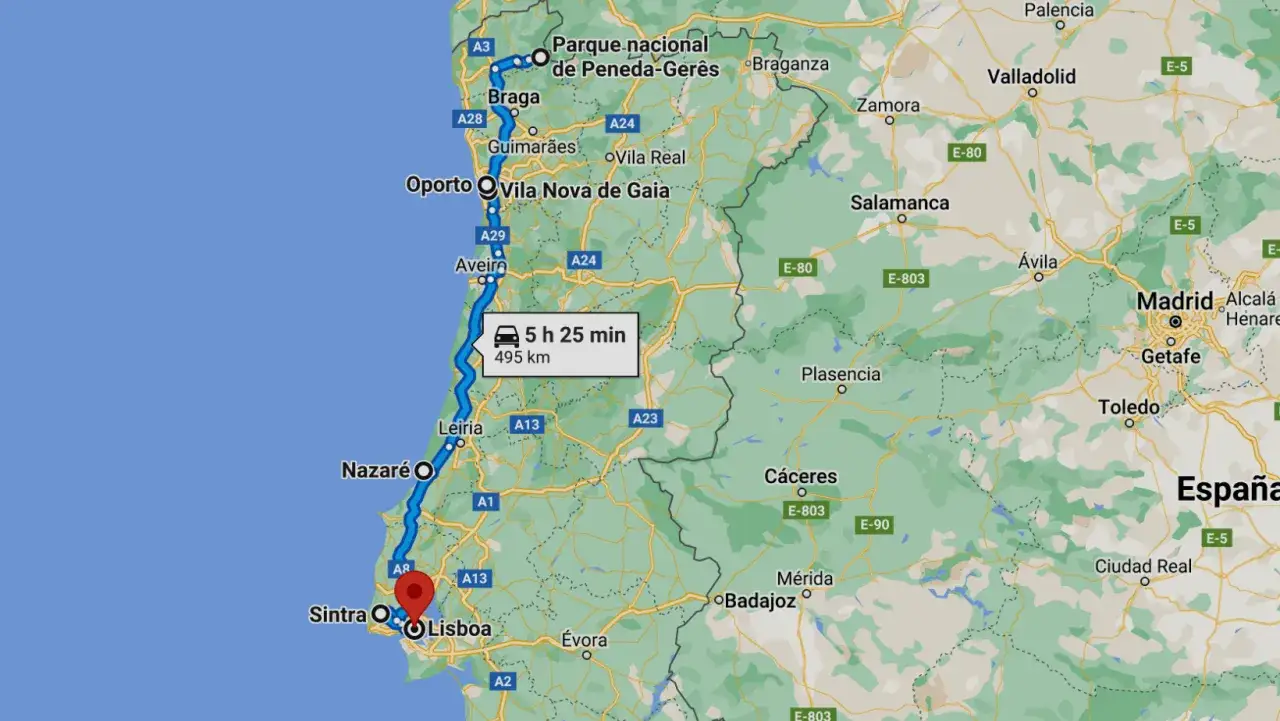 Carte du Portugal montrant un itin&eacute;raire en camping-car de Porto &agrave; Lisbonne, utile pour planifier le budget pour aller au Portugal en camping-car.