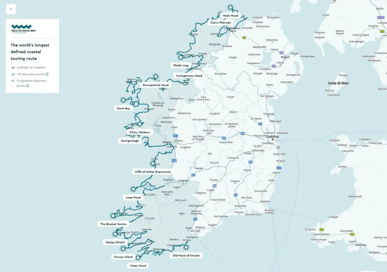 Carte du Wild Atlantic Way, la plus longue route côtière définie au monde. Un road trip inoubliable en Irlande.