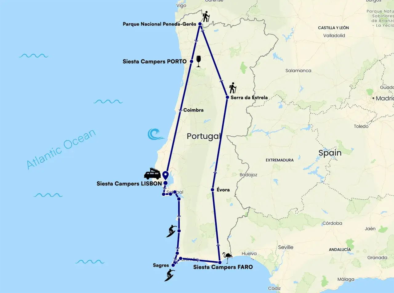 Carte d'un road trip Portugal 1 semaine : de Porto à Faro, en passant par Lisbonne, Sagres et la Serra da Estrela.