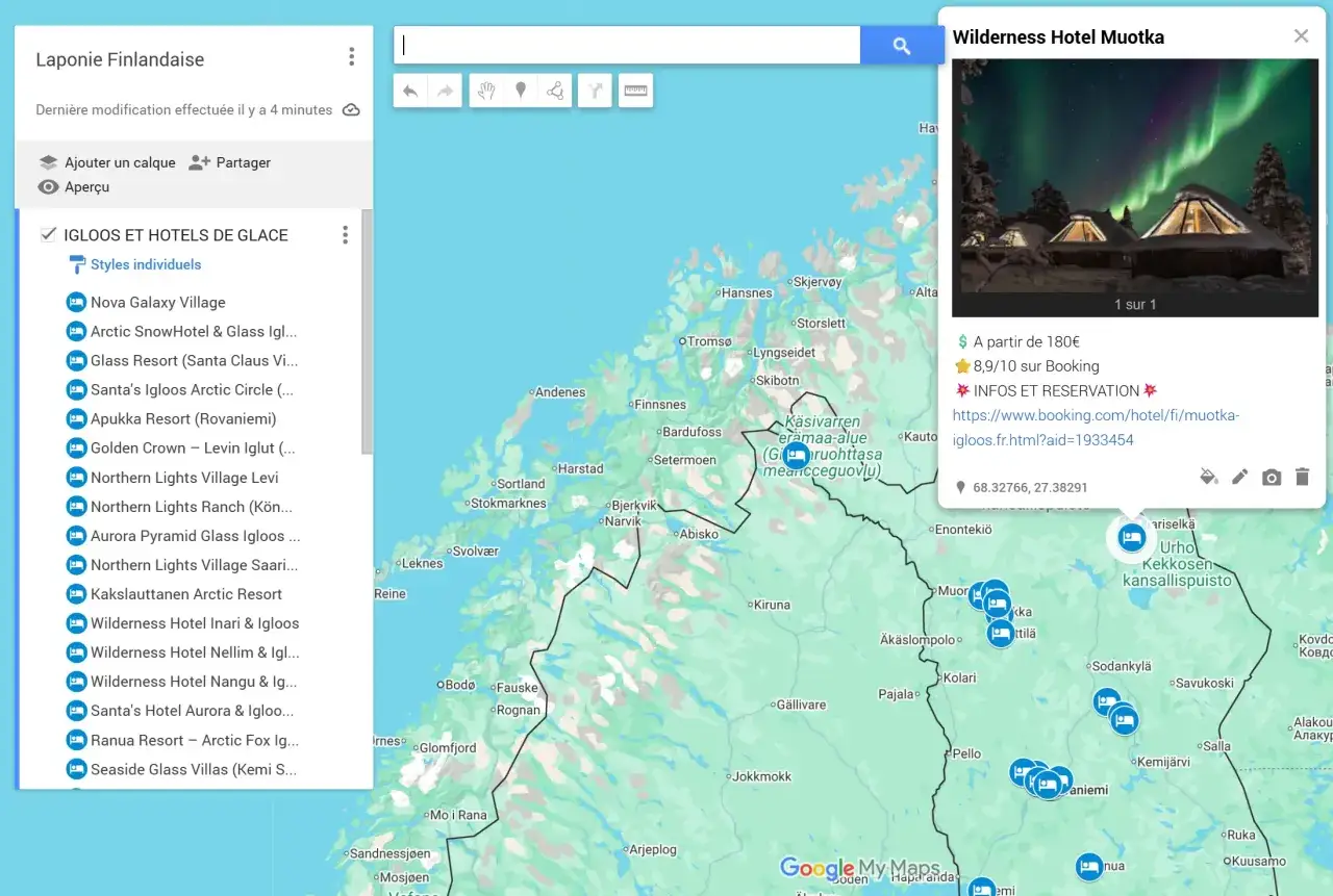 Carte des h&eacute;bergements pour savoir o&ugrave; aller en Laponie, avec des igloos et h&ocirc;tels de glace.