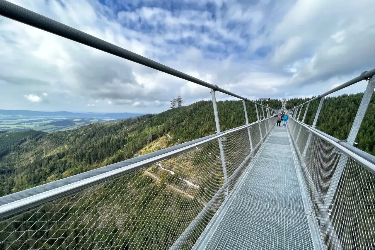 Vue sur le sky bridge 721, un pont suspendu traversant une forêt verdoyante sous un ciel nuageux. Des visiteurs marchent sur le pont.
