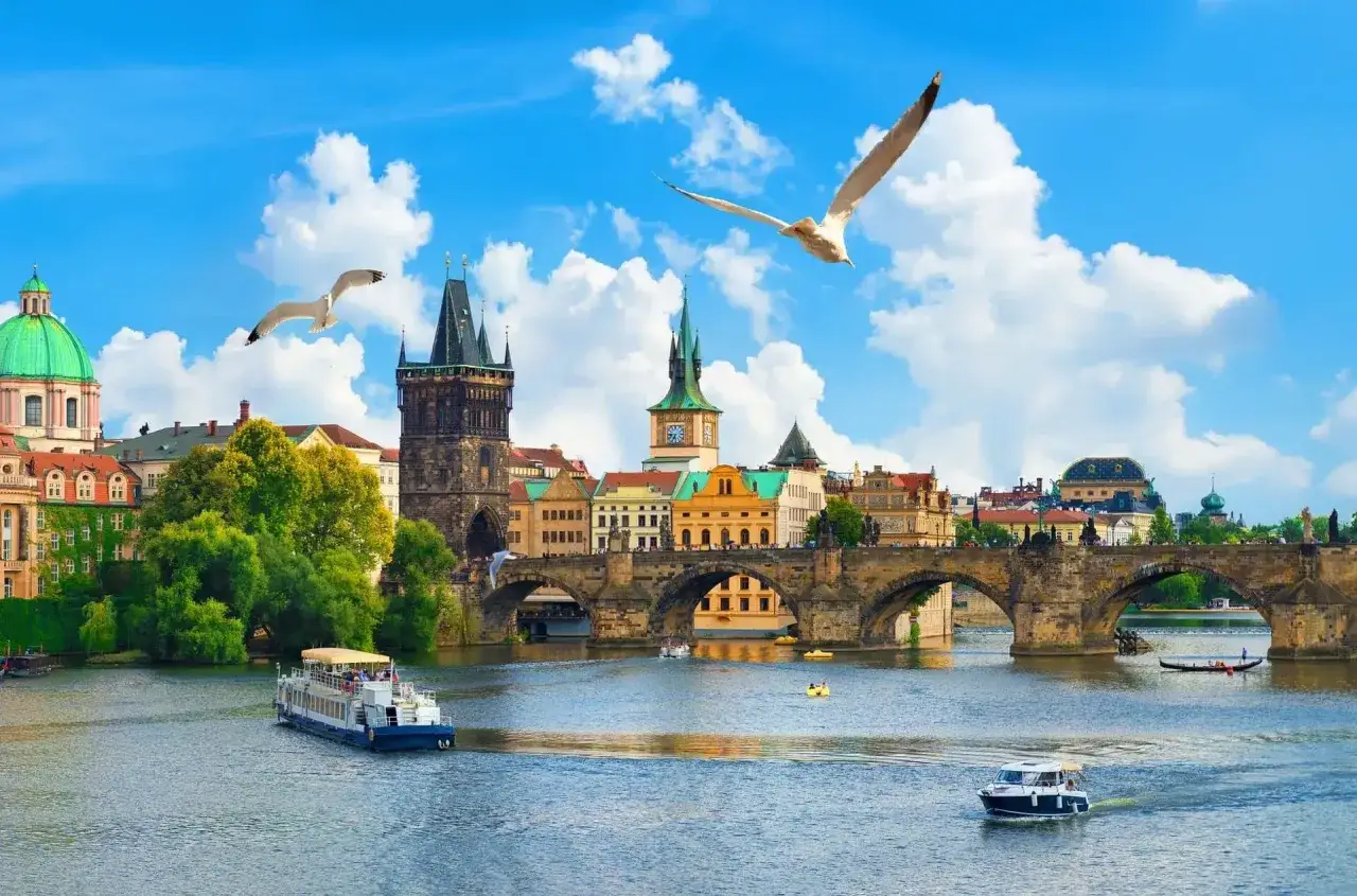 Vue sur le pont Charles et la Vltava, avec des mouettes survolant une croisière à Prague.