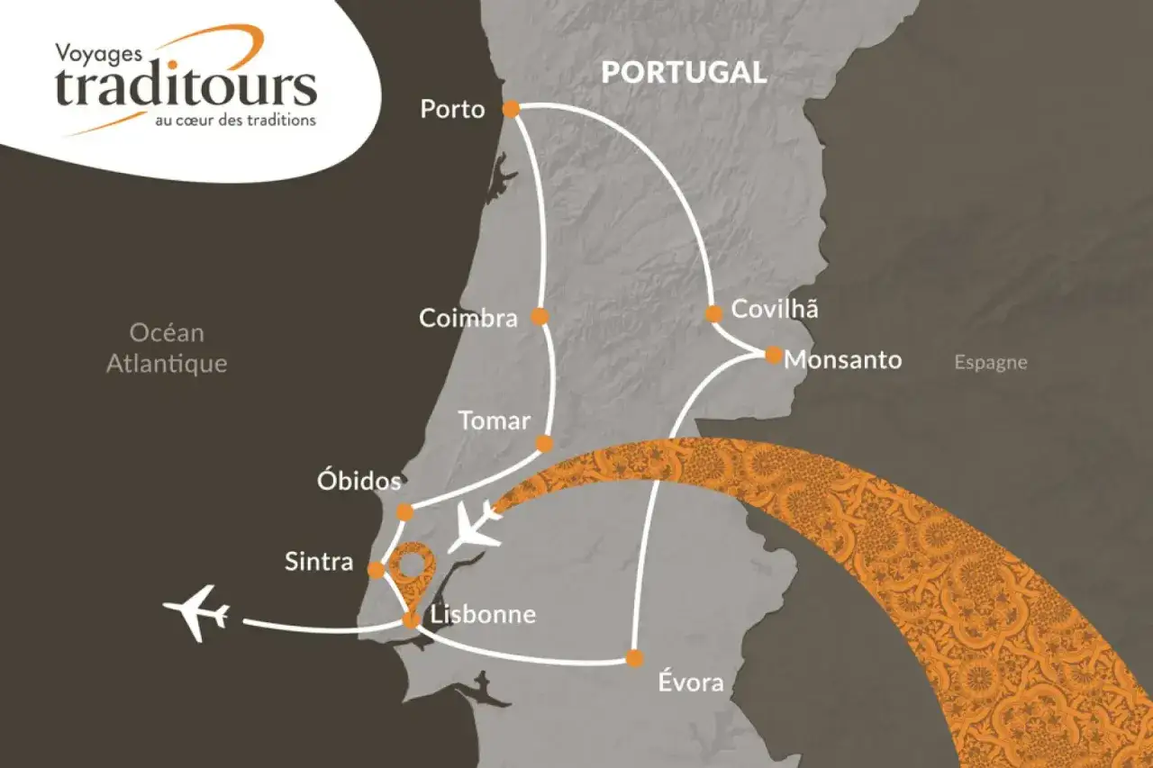 Carte d'un road trip Portugal 2 semaines, de Porto à Lisbonne, passant par Coimbra, Tomar, Óbidos, Sintra et Évora.