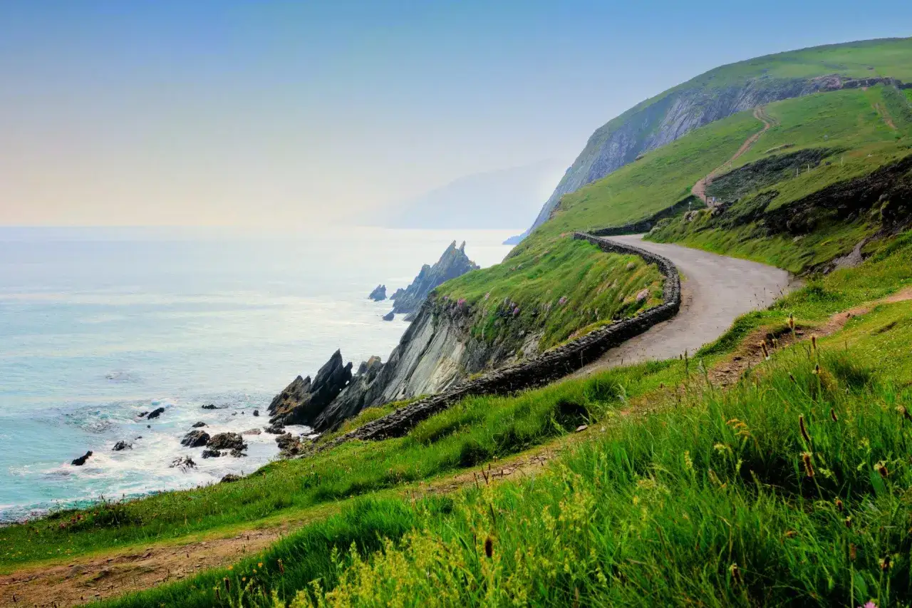 Route sinueuse longeant la côte irlandaise, parfaite pour un road trip irlande 5 jours. Mer bleue, falaises verdoyantes et ciel clair.