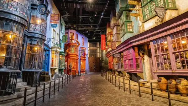 La ruelle animée des studios Harry Potter, avec ses boutiques colorées comme Ollivanders et Mr. Mulpepper's Apothecary, invite à l'aventure.