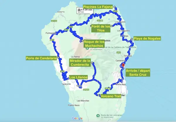 Carte de la route des volcans sur La Palma, incluant Piscines La Fajana, Forêt de los Tilos, Roque de los Muchachos et le Volcano Trail.