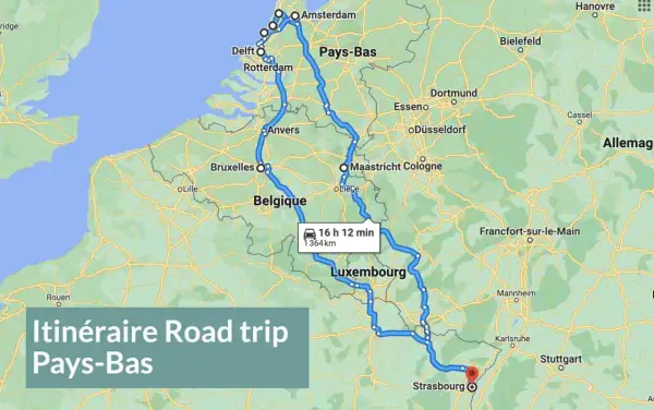 Carte d'un circuit en voiture à travers les Pays-Bas, la Belgique, le Luxembourg et l'Allemagne, avec un itinéraire de 1364 km.