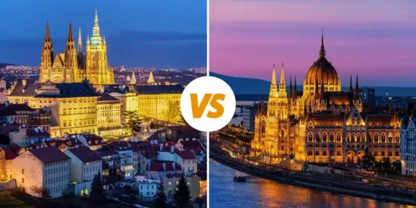 Comparaison entre Prague et Budapest : vues nocturnes de leurs édifices emblématiques illuminés, le château de Prague et le Parlement hongrois.