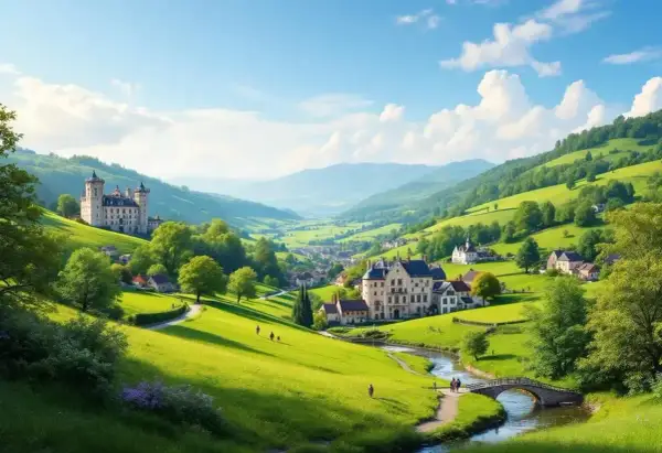 Un château majestueux domine la **vallée de Chevreuse**, bordée de collines verdoyantes et de maisons pittoresques. Un chemin serpente le long d'une rivière.