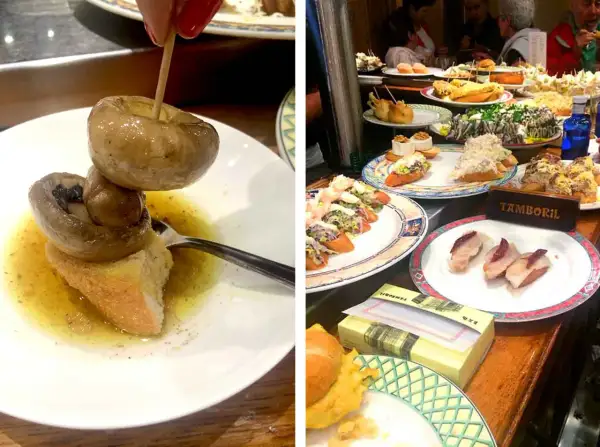 Tapas variées dans des restaurants de San Sebastián. Champignons marinés, crevettes et autres délices sur des assiettes colorées.