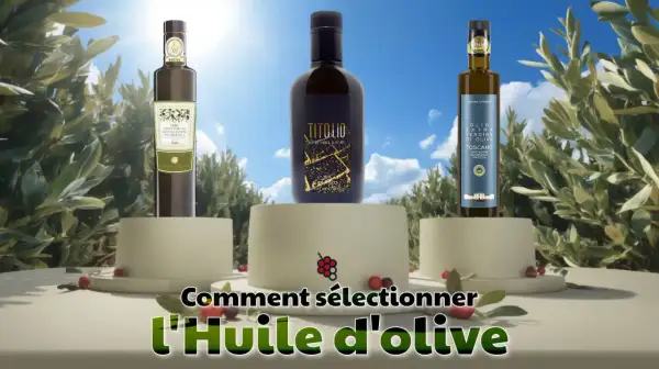 Trois bouteilles d'huile d'olive, dont une "Toscano", présentées par un producteur d'huile d'olive toscane.
