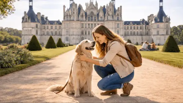Une jeune femme câline son chien devant le majestueux château de Chambord. Un moment de complicité canine dans un décor historique.