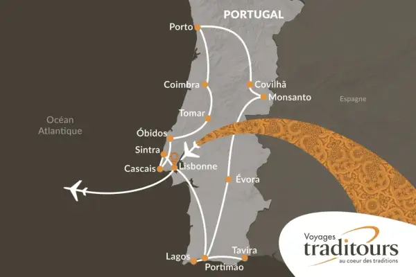 Carte d'un itinéraire de voyage au Portugal, montrant les villes et les routes.