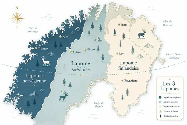 Carte des 3 Laponies : Norvège, Suède, Finlande. Idéal pour savoir où aller en Laponie, avec rennes et forêts.